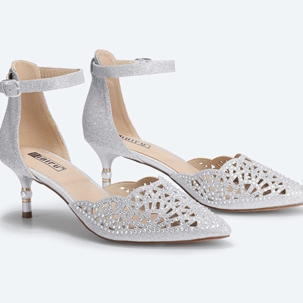 NIB IDIFU Candice silver glitter 3 inch pearl detail heel ankle buckle strap